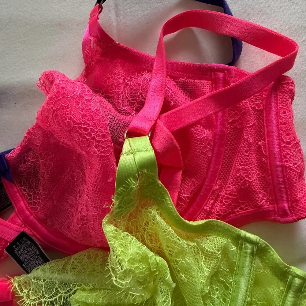 Preowned Victoria’s Secret Lace Underwire Unlined Bra Set Neon Pink Lime Sz 36D - Picture 5 of 6